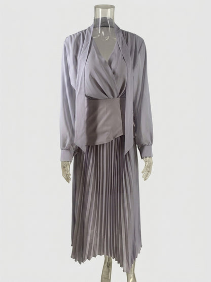 Elegant Long Sleeves Three Piece Set For Women - Chiffon Tie Neck Blouse And Waistband And Maxi Skirt - Spring Office Party 2026