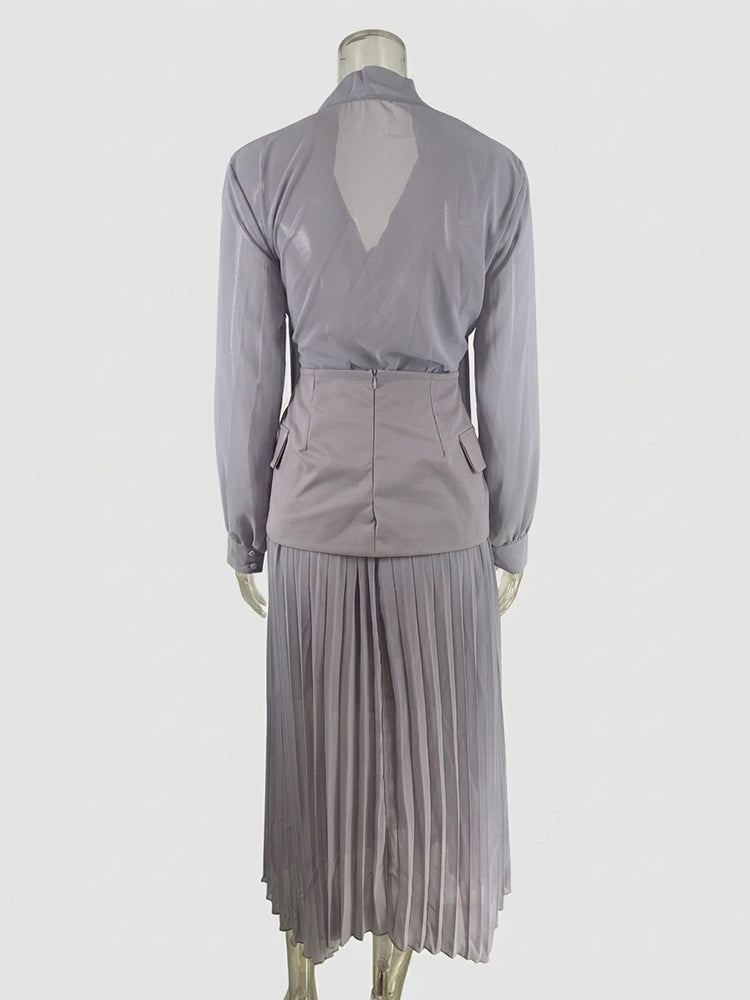 Elegant Long Sleeves Three Piece Set For Women - Chiffon Tie Neck Blouse And Waistband And Maxi Skirt - Spring Office Party 2026