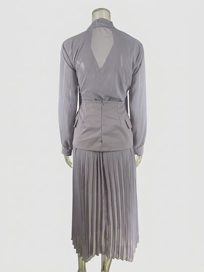 Elegant Long Sleeves Three Piece Set For Women - Chiffon Tie Neck Blouse And Waistband And Maxi Skirt - Spring Office Party 2026