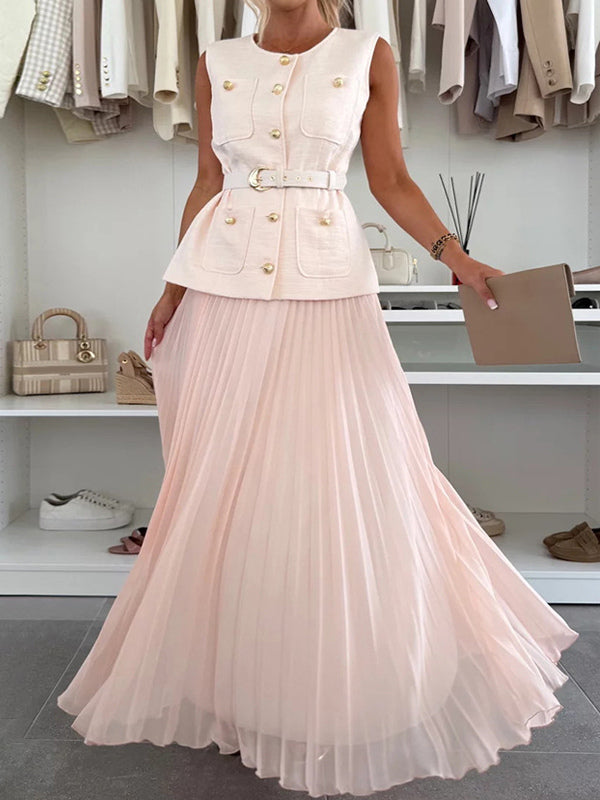 Sleeveless 2 Piece Set For Women - Old Money Belted Vest And Pleated Maxi Dress - Spring Casual Event 2026