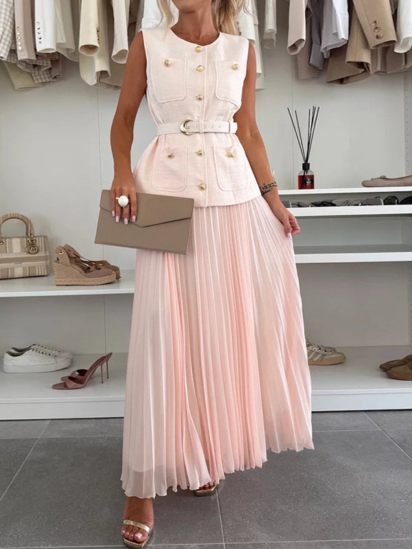 Sleeveless 2 Piece Set For Women - Old Money Belted Vest And Pleated Maxi Dress - Spring Casual Event 2026