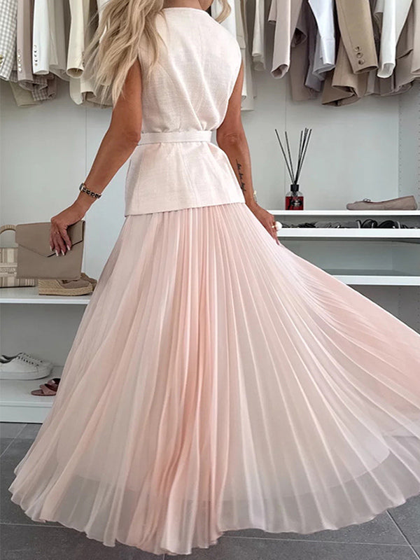 Sleeveless 2 Piece Set For Women - Old Money Belted Vest And Pleated Maxi Dress - Spring Casual Event 2026