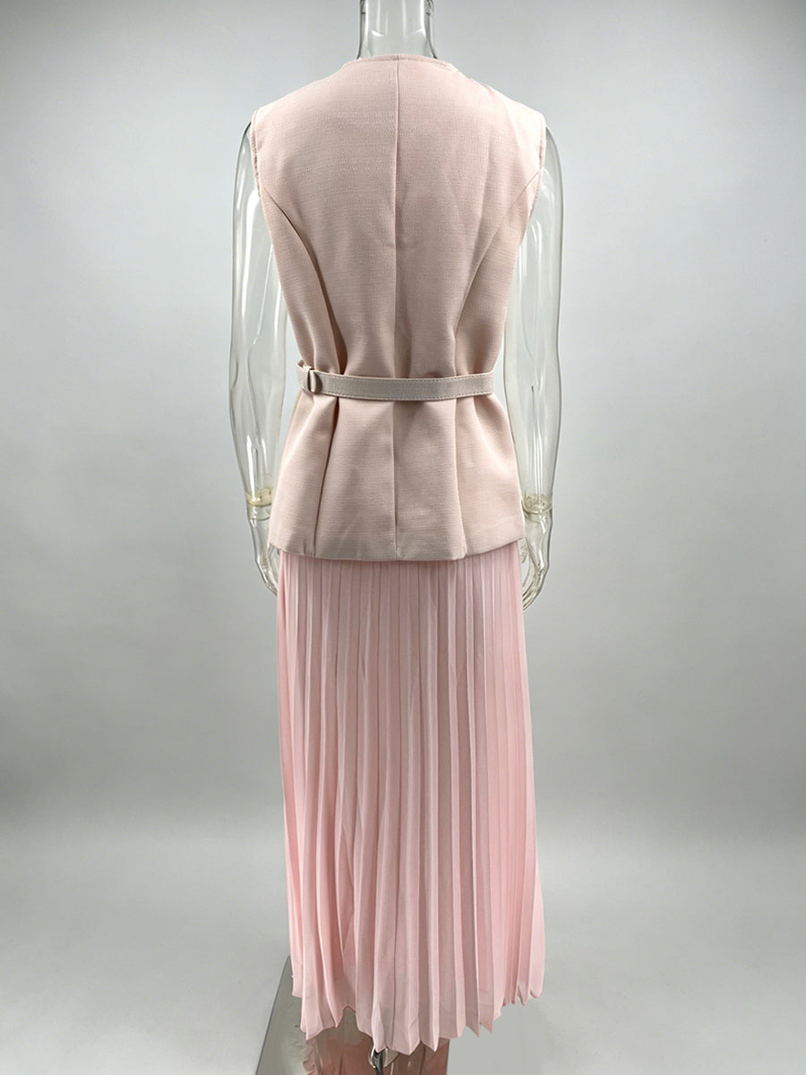 Sleeveless 2 Piece Set For Women - Old Money Belted Vest And Pleated Maxi Dress - Spring Casual Event 2026