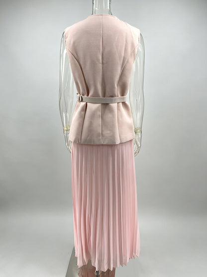 Sleeveless 2 Piece Set For Women - Old Money Belted Vest And Pleated Maxi Dress - Spring Casual Event 2026