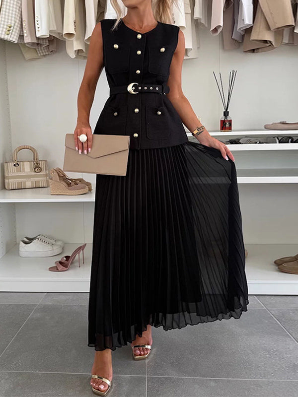 Sleeveless 2 Piece Set For Women - Old Money Belted Vest And Pleated Maxi Dress - Spring Casual Event 2026