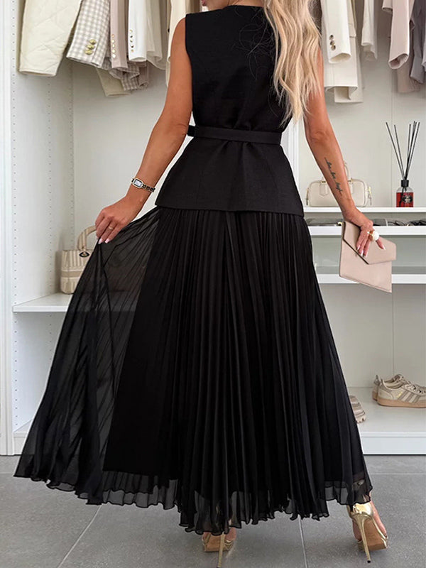 Sleeveless 2 Piece Set For Women - Old Money Belted Vest And Pleated Maxi Dress - Spring Casual Event 2026