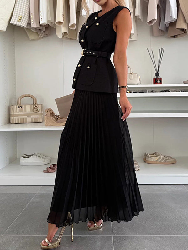Sleeveless 2 Piece Set For Women - Old Money Belted Vest And Pleated Maxi Dress - Spring Casual Event 2026