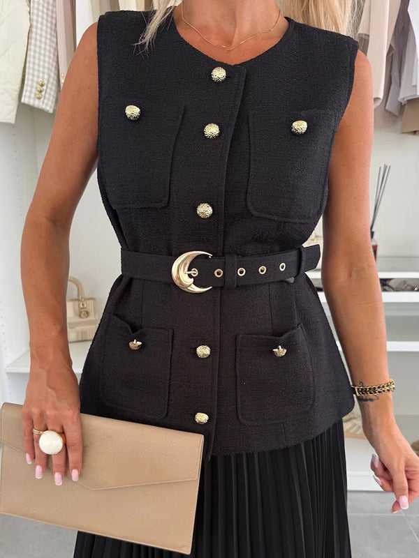 Sleeveless 2 Piece Set For Women - Old Money Belted Vest And Pleated Maxi Dress - Spring Casual Event 2026