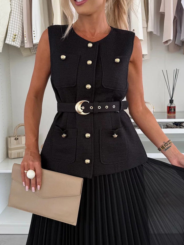 Sleeveless 2 Piece Set For Women - Old Money Belted Vest And Pleated Maxi Dress - Spring Casual Event 2026