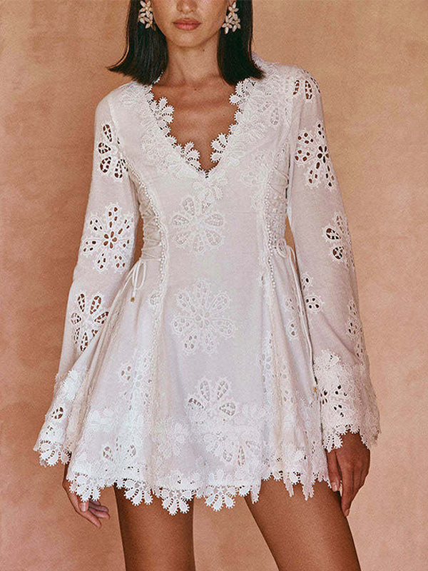 White Eyelet Lace Mini Dress For Women - Boho V Neck Long Sleeve Side Lace-up Fit And Flare Dress - Spring Resort 2026