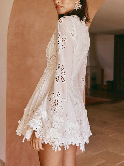 White Eyelet Lace Mini Dress For Women - Boho V Neck Long Sleeve Side Lace-up Fit And Flare Dress - Spring Resort 2026