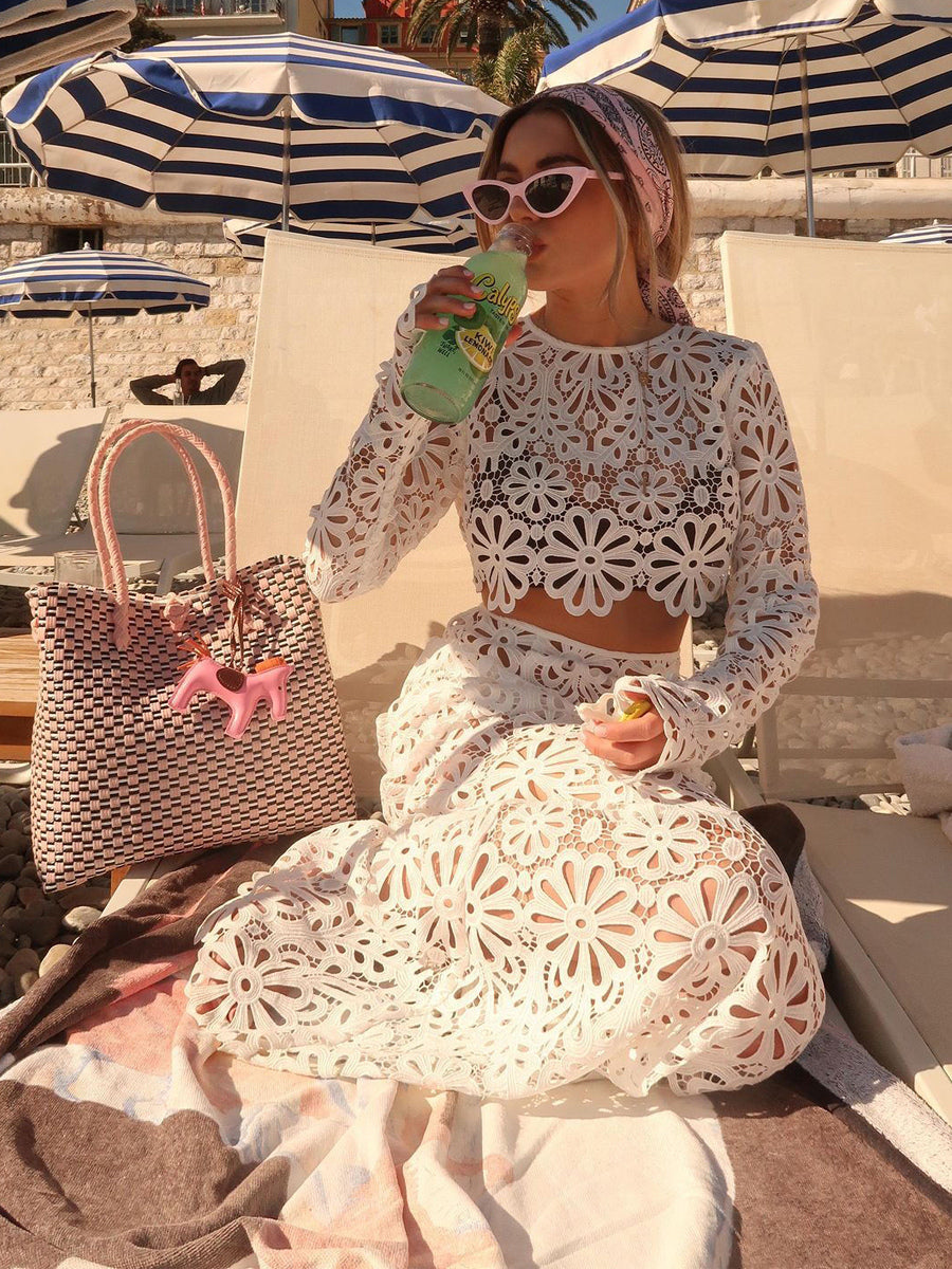 Guipure Lace Maxi Skirt Set For Women - Hollow Out Long Sleeve Crop Top & Floor Length Skirt Co-ord - Summer Beach Vacation 2026