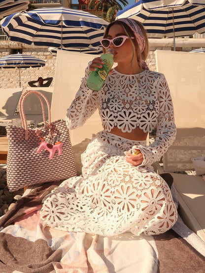 Guipure Lace Maxi Skirt Set For Women - Hollow Out Long Sleeve Crop Top & Floor Length Skirt Co-ord - Summer Beach Vacation 2026