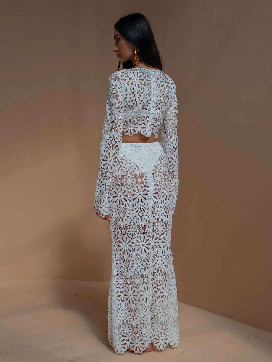Guipure Lace Maxi Skirt Set For Women - Hollow Out Long Sleeve Crop Top & Floor Length Skirt Co-ord - Summer Beach Vacation 2026