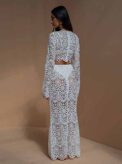 Guipure Lace Maxi Skirt Set For Women - Hollow Out Long Sleeve Crop Top & Floor Length Skirt Co-ord - Summer Beach Vacation 2026