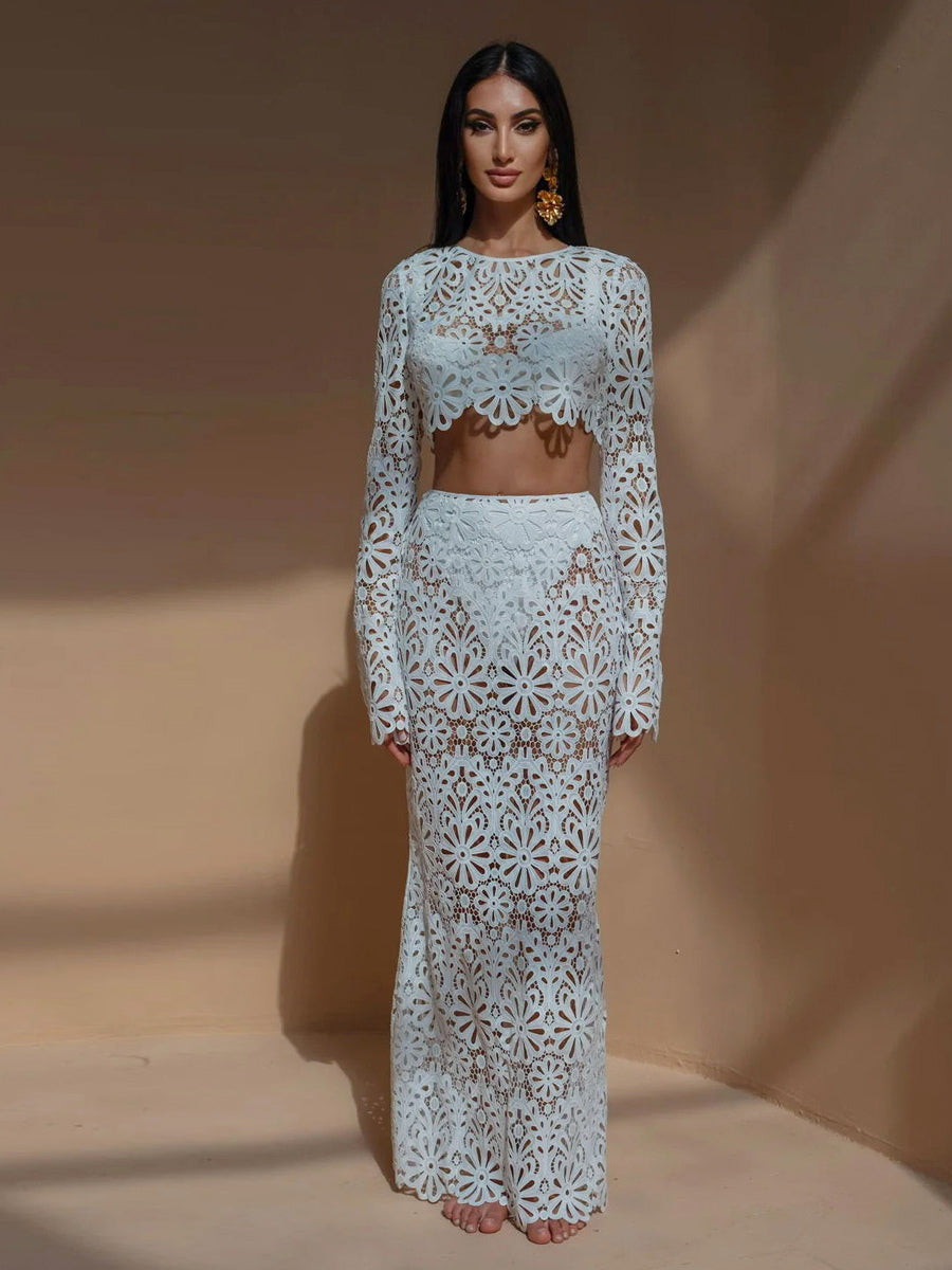 Guipure Lace Maxi Skirt Set For Women - Hollow Out Long Sleeve Crop Top & Floor Length Skirt Co-ord - Summer Beach Vacation 2026
