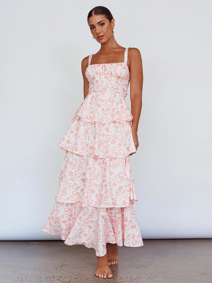Floral Printed Ruffle Maxi Slip Dress For Women - Boho Tiered A-Line Strappy Sun Dress - Summer Beach Vacation 2026