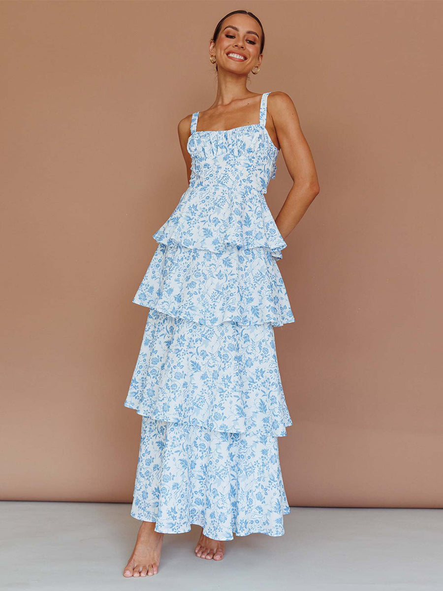 Floral Printed Ruffle Maxi Slip Dress For Women - Boho Tiered A-Line Strappy Sun Dress - Summer Beach Vacation 2026