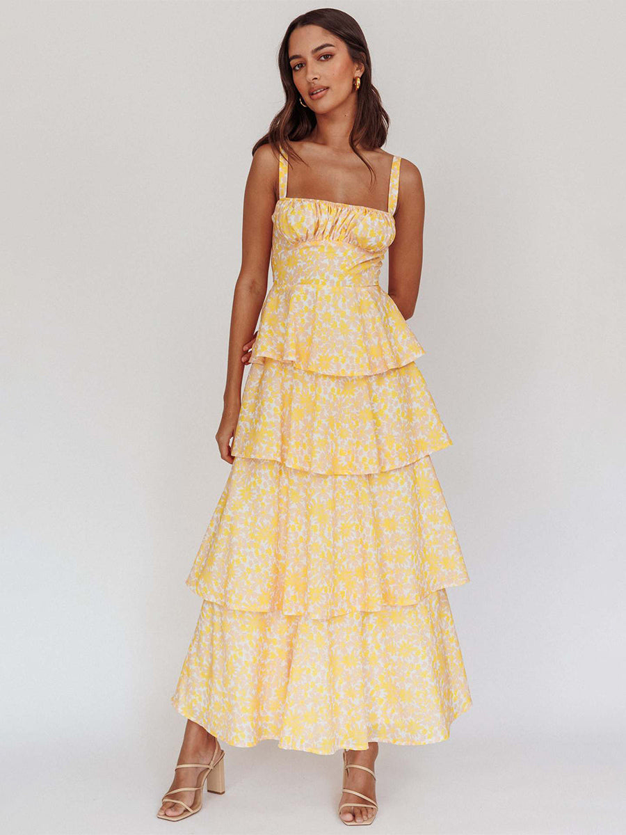 Floral Printed Ruffle Maxi Slip Dress For Women - Boho Tiered A-Line Strappy Sun Dress - Summer Beach Vacation 2026