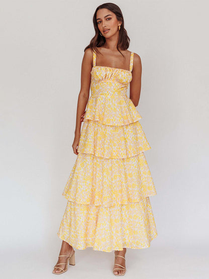 Floral Printed Ruffle Maxi Slip Dress For Women - Boho Tiered A-Line Strappy Sun Dress - Summer Beach Vacation 2026