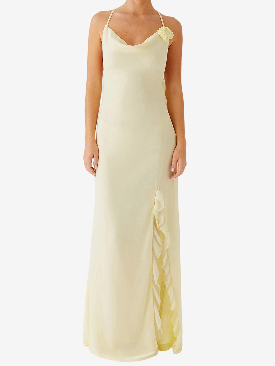 Backless Ruffle Maxi Dress For Women - Cowl Neck Strappy Sleeveless Gown With 3D Flower - Summer Formal Prom 2026