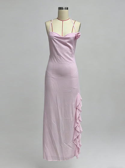 Backless Ruffle Maxi Dress For Women - Cowl Neck Strappy Sleeveless Gown With 3D Flower - Summer Formal Prom 2026