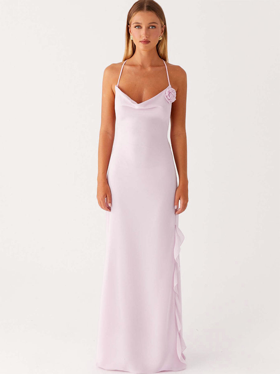 Backless Ruffle Maxi Dress For Women - Cowl Neck Strappy Sleeveless Gown With 3D Flower - Summer Formal Prom 2026