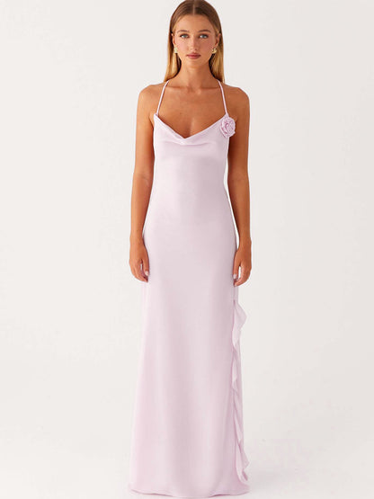 Backless Ruffle Maxi Dress For Women - Cowl Neck Strappy Sleeveless Gown With 3D Flower - Summer Formal Prom 2026