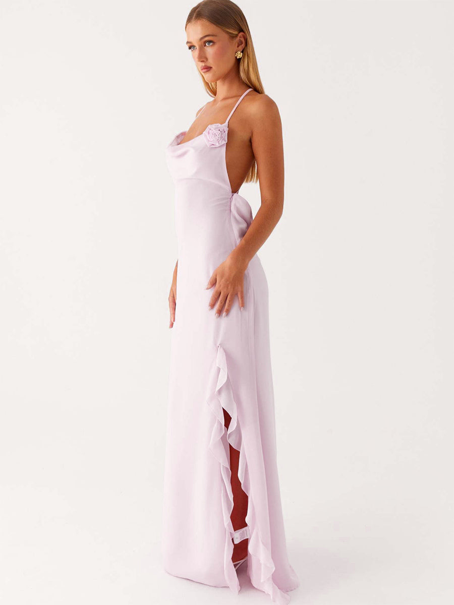 Backless Ruffle Maxi Dress For Women - Cowl Neck Strappy Sleeveless Gown With 3D Flower - Summer Formal Prom 2026