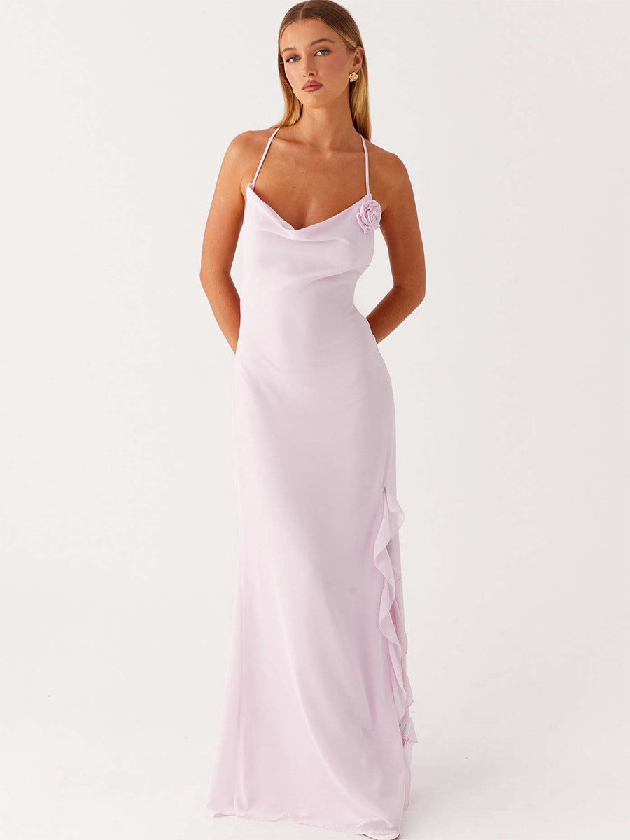 Backless Ruffle Maxi Dress For Women - Cowl Neck Strappy Sleeveless Gown With 3D Flower - Summer Formal Prom 2026