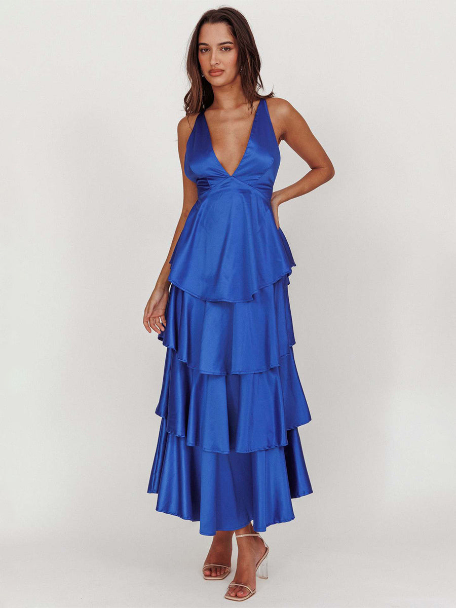 Deep V Neck Tiered Maxi Dress For Women - Satin Crisscross Backless Layered Ruffle Gown - Summer Formal Party 2026