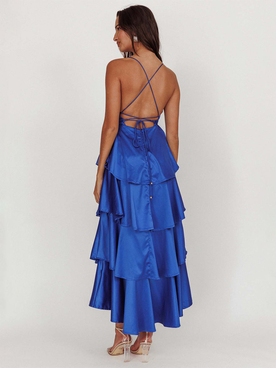 Deep V Neck Tiered Maxi Dress For Women - Satin Crisscross Backless Layered Ruffle Gown - Summer Formal Party 2026