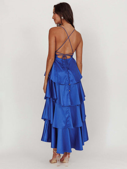 Deep V Neck Tiered Maxi Dress For Women - Satin Crisscross Backless Layered Ruffle Gown - Summer Formal Party 2026