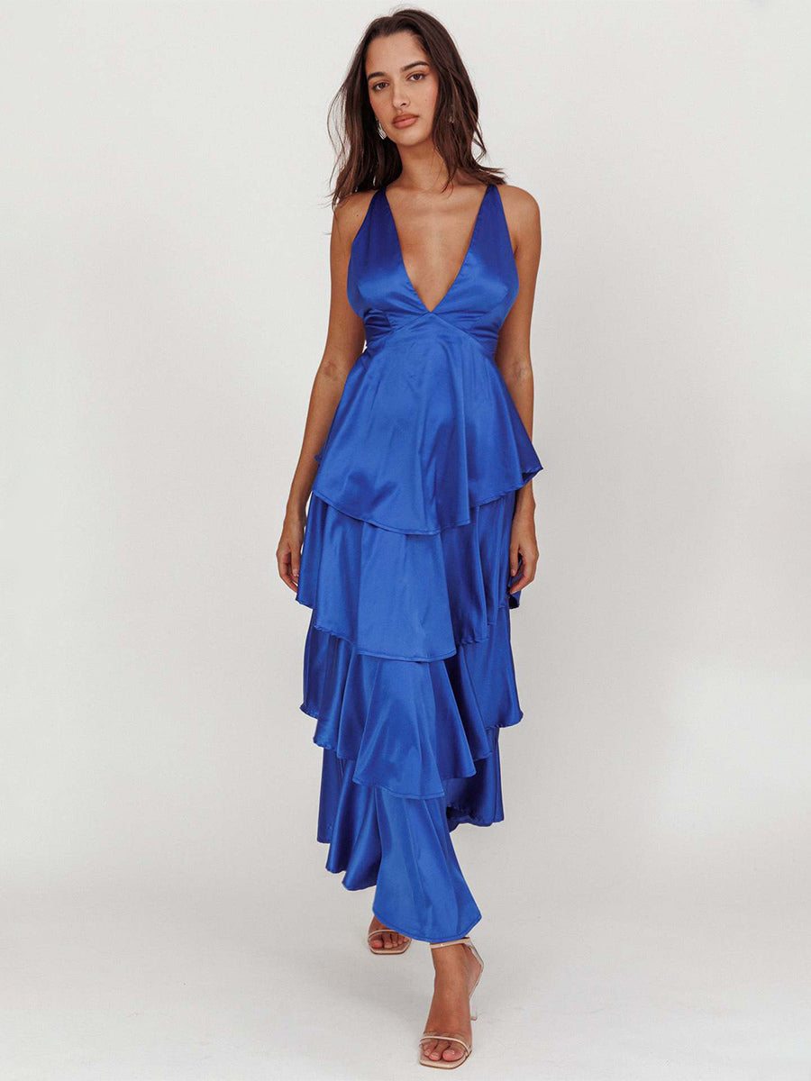 Deep V Neck Tiered Maxi Dress For Women - Satin Crisscross Backless Layered Ruffle Gown - Summer Formal Party 2026