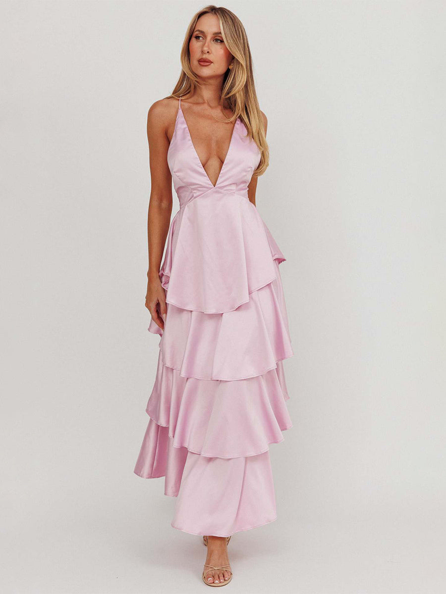 Deep V Neck Tiered Maxi Dress For Women - Satin Crisscross Backless Layered Ruffle Gown - Summer Formal Party 2026
