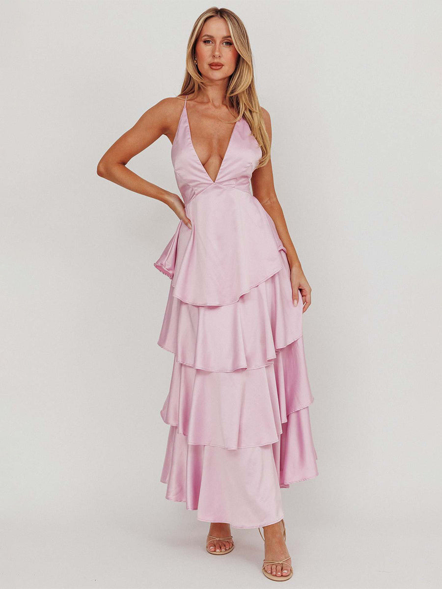 Deep V Neck Tiered Maxi Dress For Women - Satin Crisscross Backless Layered Ruffle Gown - Summer Formal Party 2026