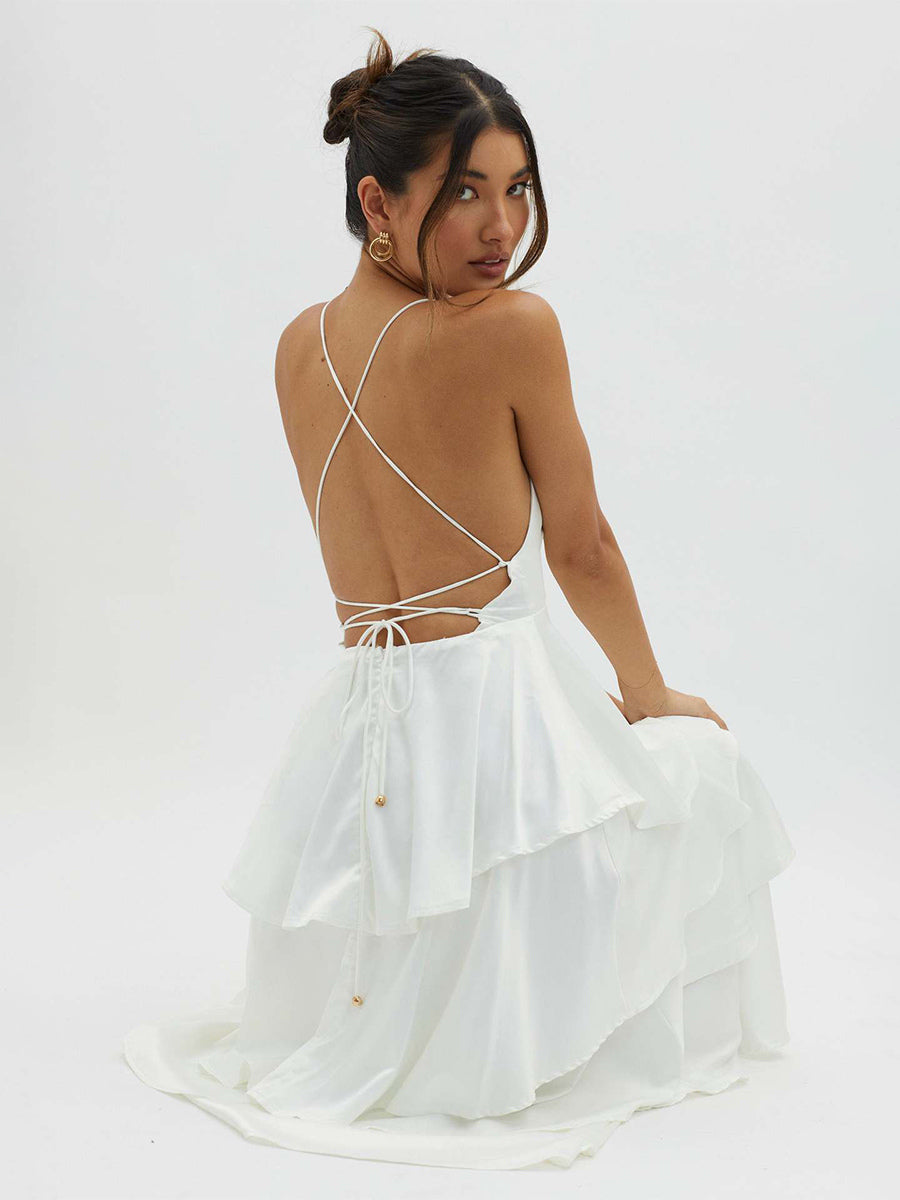 Deep V Neck Tiered Maxi Dress For Women - Satin Crisscross Backless Layered Ruffle Gown - Summer Formal Party 2026