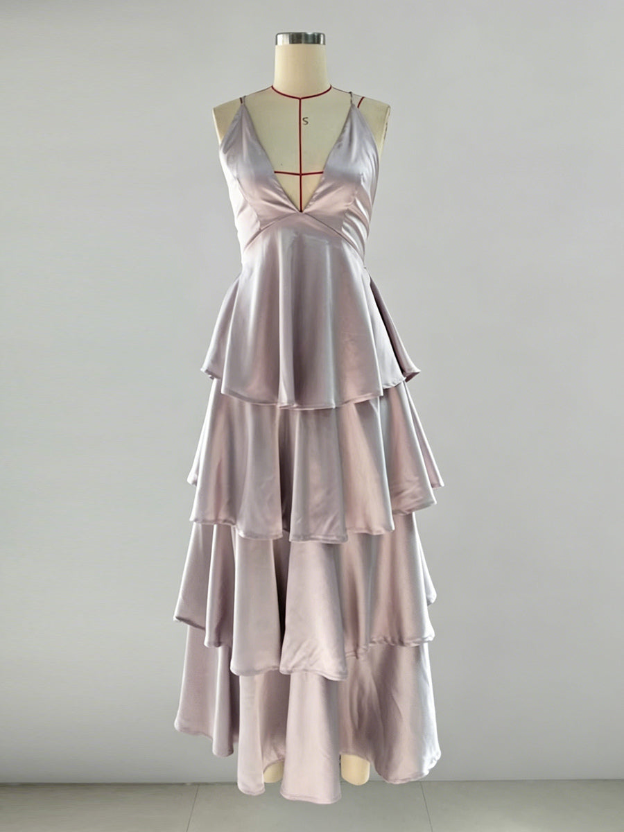 Deep V Neck Tiered Maxi Dress For Women - Satin Crisscross Backless Layered Ruffle Gown - Summer Formal Party 2026