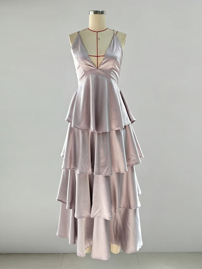 Deep V Neck Tiered Maxi Dress For Women - Satin Crisscross Backless Layered Ruffle Gown - Summer Formal Party 2026