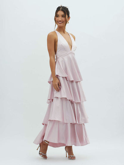 Deep V Neck Tiered Maxi Dress For Women - Satin Crisscross Backless Layered Ruffle Gown - Summer Formal Party 2026
