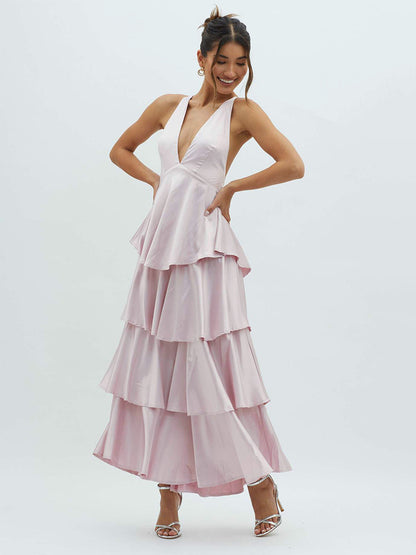 Deep V Neck Tiered Maxi Dress For Women - Satin Crisscross Backless Layered Ruffle Gown - Summer Formal Party 2026