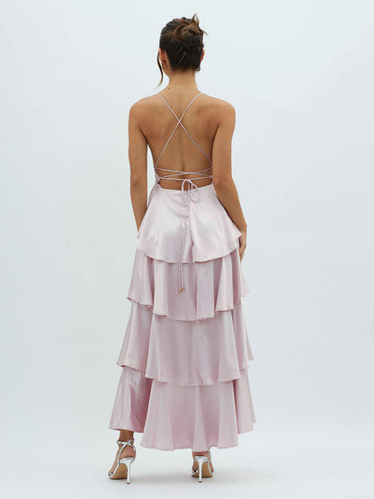 Deep V Neck Tiered Maxi Dress For Women - Satin Crisscross Backless Layered Ruffle Gown - Summer Formal Party 2026