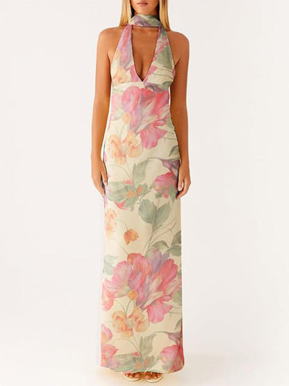 Minimalism Halter Neck Maxi Dress For Women - Elegant Backless Sleeveless Prom Gown With Scarf - Summer Formal Evening 2026