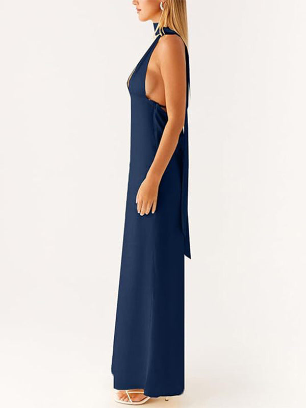 Minimalism Halter Neck Maxi Dress For Women - Elegant Backless Sleeveless Prom Gown With Scarf - Summer Formal Evening 2026