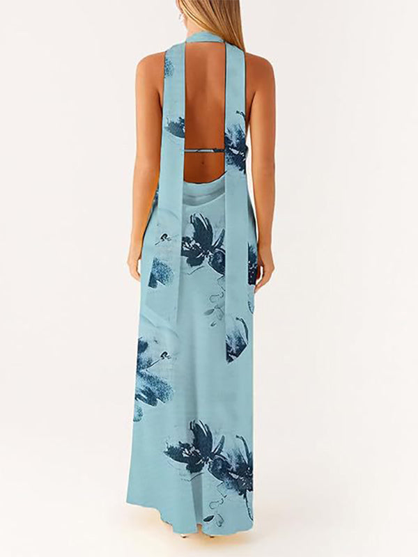 Minimalism Halter Neck Maxi Dress For Women - Elegant Backless Sleeveless Prom Gown With Scarf - Summer Formal Evening 2026