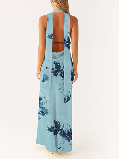 Minimalism Halter Neck Maxi Dress For Women - Elegant Backless Sleeveless Prom Gown With Scarf - Summer Formal Evening 2026