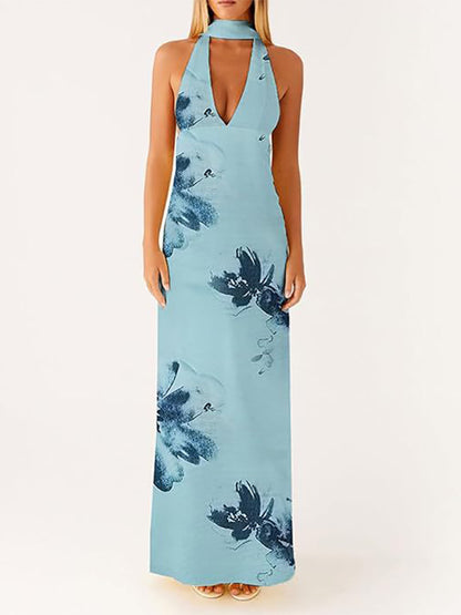 Minimalism Halter Neck Maxi Dress For Women - Elegant Backless Sleeveless Prom Gown With Scarf - Summer Formal Evening 2026