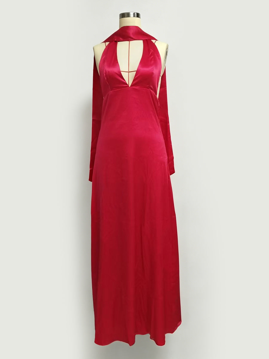 Minimalism Halter Neck Maxi Dress For Women - Elegant Backless Sleeveless Prom Gown With Scarf - Summer Formal Evening 2026