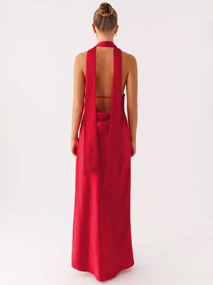 Minimalism Halter Neck Maxi Dress For Women - Elegant Backless Sleeveless Prom Gown With Scarf - Summer Formal Evening 2026