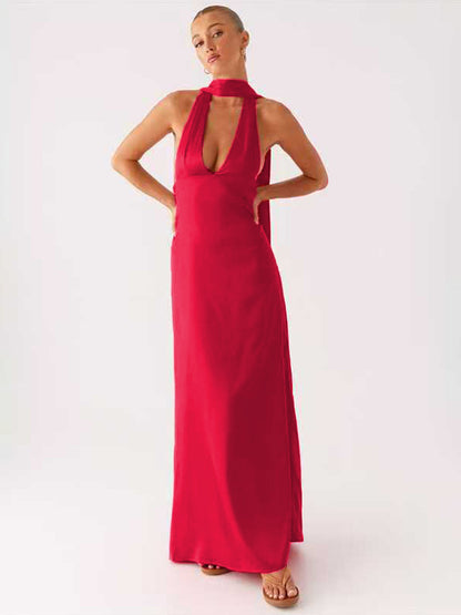 Minimalism Halter Neck Maxi Dress For Women - Elegant Backless Sleeveless Prom Gown With Scarf - Summer Formal Evening 2026